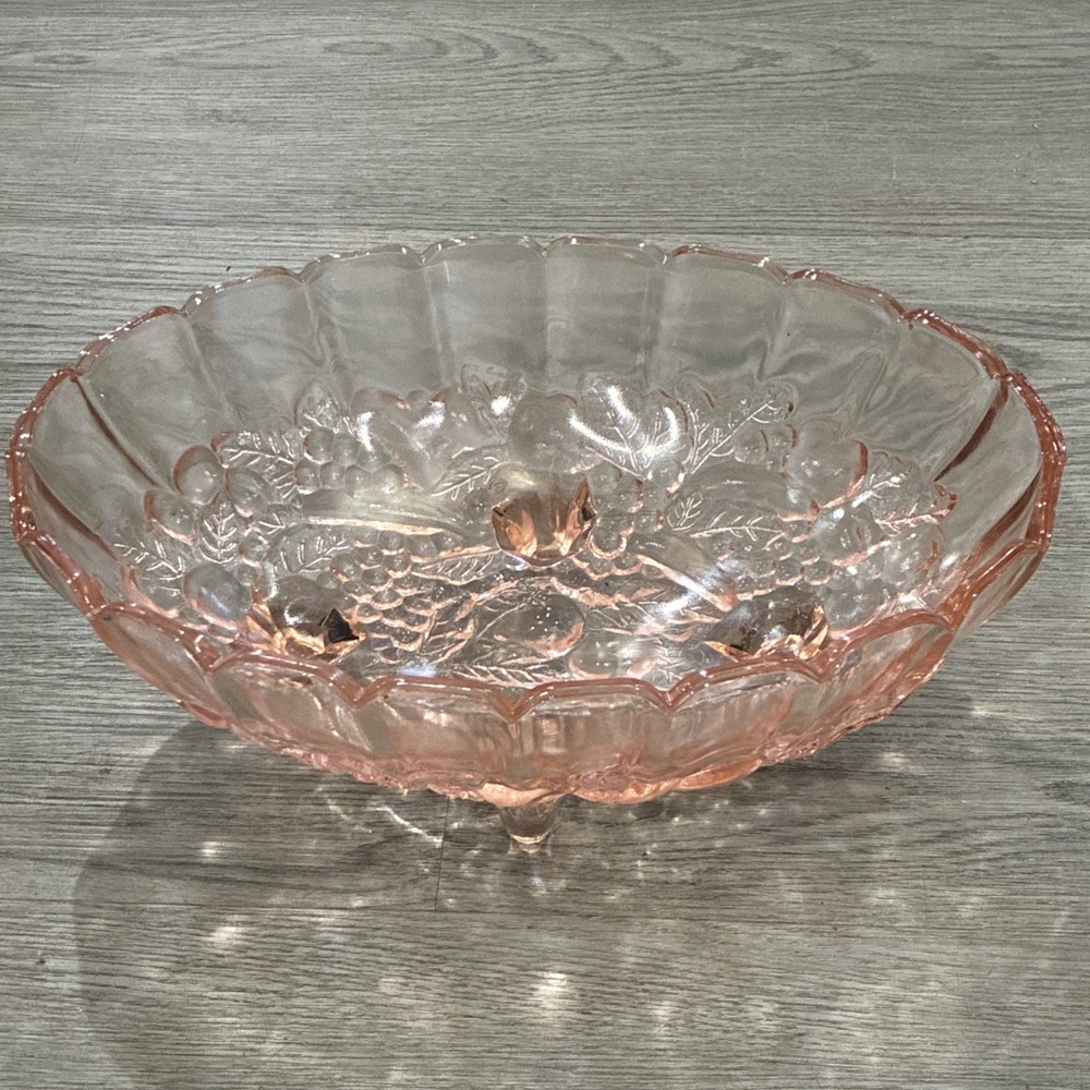 Vintage Pink Glass Depression Large Oval Footed Fruit Bowl Centerpiece Decor
